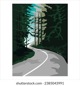 Street on the jungle between pine trees in for background and illustration