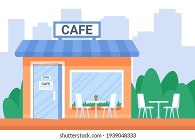 Street open cafe exterior house in city with window and glass door. Coffee shop urban building facade. City cafe. Vector flat illustration