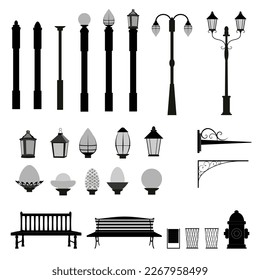 Street  out door elements, lights, pillars, lanterns, benches. Vector illustration.