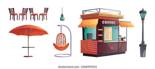 Lista de ilustraciones de elementos vectoriales de tabla de cafés al aire libre. Caricatura afuera de la cafetería con café, silla, hamaca y sombrilla para escena del parque. Fachada comercial de tiendas de pueblo con menú y mostrador