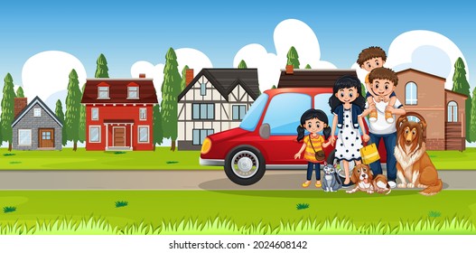 Street outdoor scene with happy family illustration