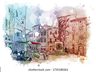 Street panorama in San Gimignano, Italy. Vintage design. Linear sketch on a watercolor textured background. EPS10 vector illustration