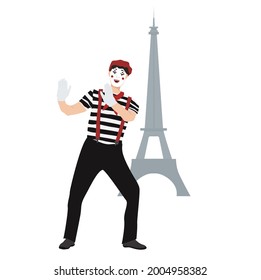 Street pantomime.  A mime performing a pantomime. Artist of France, Paris. Flat style.  Vector illustration isolated on a white background.