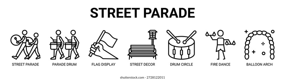 Street Parade web banner ícone vetor ilustração conceito com ícone de desfile de rua, tambor de desfile, exibição de bandeira, decoração de rua, círculo de tambor, dança de fogo, arco de balão.