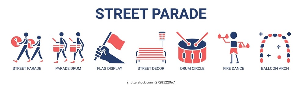 Street Parade web banner icon vector illustration concept with icon of street parade, parade drum, flag display, street decor, drum circle, fire dance, balloon arch.