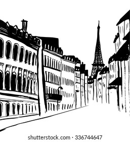 Street of Paris with Eiffel tower view. Ink hand-drawn sketch.