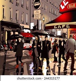 Street In Paris At Night - Vector Illustration