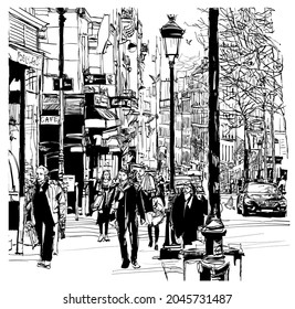 Street in Paris with pedestrians - vector illustration