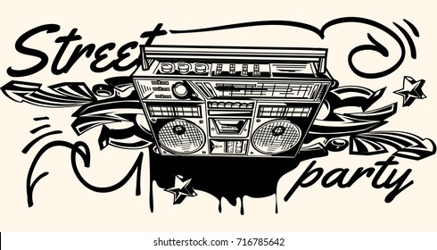 Street party poster with monochrome boom box and graffiti arrows