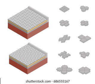 Street Pavement Design. Isometric Vector Layered Diagram And Set Of Concrete Paver Blocks