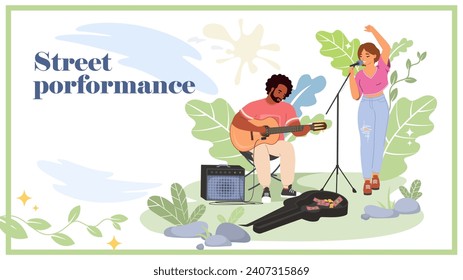 Street performance of acoustic music band singing and entertaining artistic show earning donated money from appreciative audience landing page design template