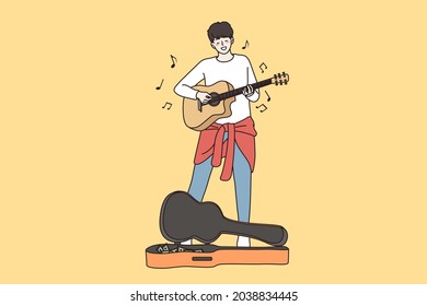 Street performance and begging concept. Young happy male guitarist cartoon character standing busking by playing guitar in city singing song vector illustration 