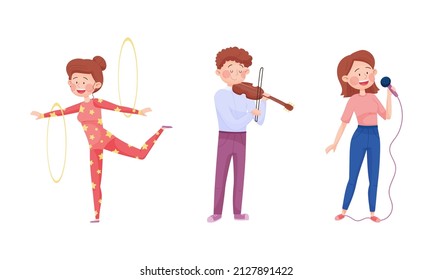 Street Performance with Man Artist Playing Violin and Woman Juggling Hula Hoops Vector Set