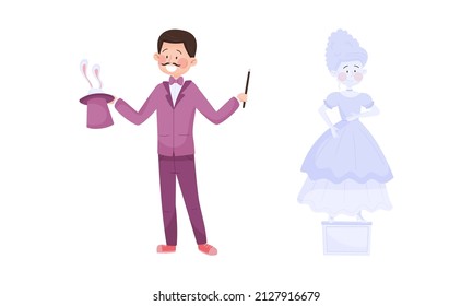 Street Performance with Man Magician Making Magic Trick and Woman Playing Statue Vector Set