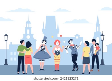 Street performance. Mimes, clown and unlookers. Children and parents look on open space entertainment. Comedian actors in amusement park, recent vector scene