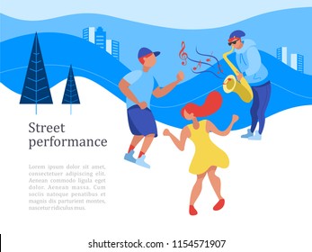 Street performance. Street musician. The guy plays the saxophone. Man and woman dancing. Vector illustration.