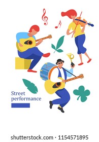 Street performance. Street musician. Man band plays guitar, drum and trumpet. The girl plays the violin, a man playing guitar. Vector illustration.