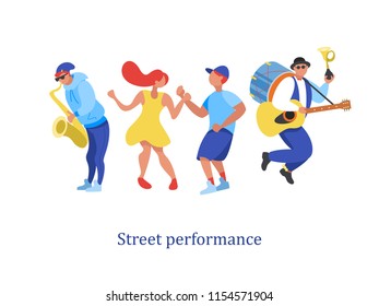 Street performance. Street musician. Man band plays guitar, drum and trumpet. The guy plays the saxophone, a couple dancing. Vector illustration.