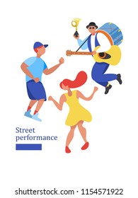 Street performance. Street musician. One man band plays guitar, drums and trumpet and a couple dancing. Vector illustration.