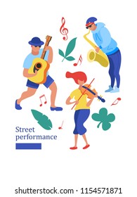 Street performance. Street musician. Musician saxophonist and guitarist. Girl playing violin Vector illustration.