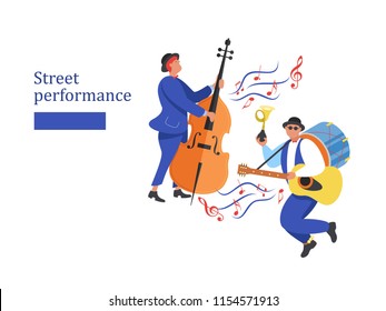 Street performance. Street musician. The set of characters of street musicians. Man band, man playing the double bass. Vector illustration.