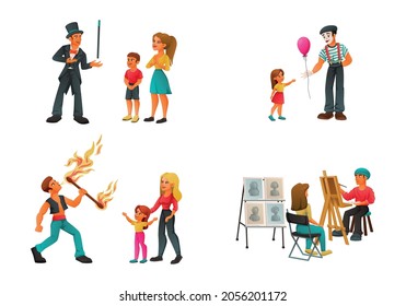 Street performer artist musician dancer cartoon set of compositions with clown magician painter and fire swallower vector illustration