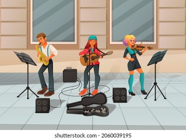 Street Performer Artist Musician Dancer Cartoon Composition With Street Pavement Scenery And Musicians Playing Music Instruments Vector Illustration