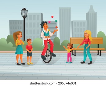 Street performer artist musician dancer cartoon composition with cityscape scenery and characters of onlookers surrounding juggler vector illustration