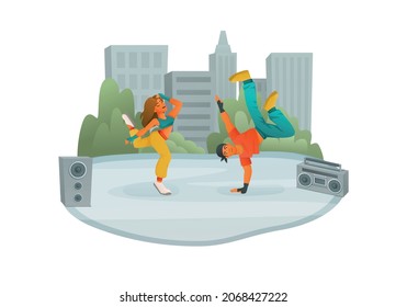 Street performer artist musician dancer cartoon composition with city buildings square with guys dancing to boombox vector illustration