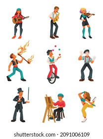 Street performer artist musician dancer cartoon set of isolated icons with characters of talents at work vector illustration