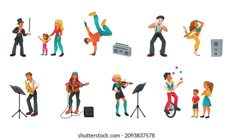 Street performer artist musician dancer cartoon set of isolated icons and characters of talents and onlookers vector illustration