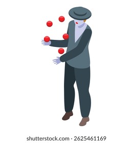 Street performer juggling red balls while wearing a gray suit and hat
