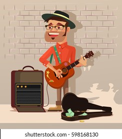 Street performer man character sing song. Vector flat cartoon illustration