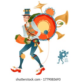 Street Performer. Singing Musician. One Man Band. Vector Illustration. 