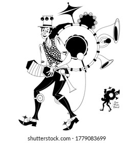 Street Performer. Singing Musician. One Man Band. Black And White. Vector Illustration.