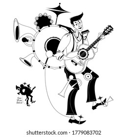 Street Performer. Singing Musician. One Man Band. Black And White. Vector Illustration. 