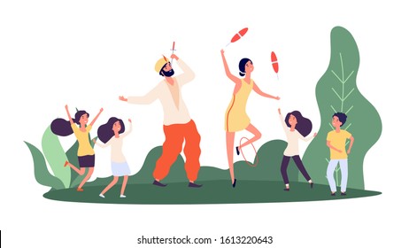 Street performers. Children and circus performers. Happy girls boys, sword-swallower and juggler characters. Street show vector illustration