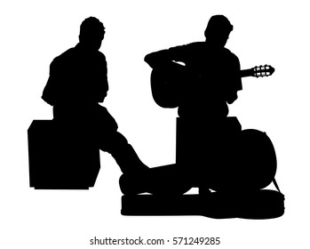 Street performers with guitar and flute, clarinet vector silhouette illustration isolated on white background. Guitar player, and flutist. Musician duet. Music event. Amusement and entertainment event