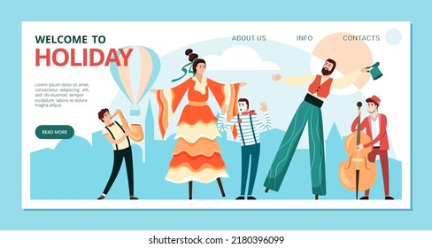 Street Performers Landing. Outdoor Park Performance Show With Musicians Dancer Clowns And Jugglers. Vector Funny Characters In Colored Costumes Web Page Template