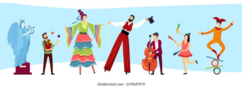 street performers. outdoor clowns juggler entertainment circus artists in city park. Vector cartoon people