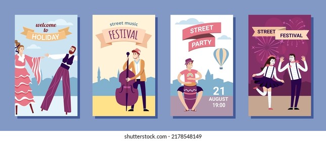 Street Performers. Printing Template Placard Invitation For Outdoor Park Performance Show With Actors Clowns Dancers And Jugglers. Vector Cartoon People