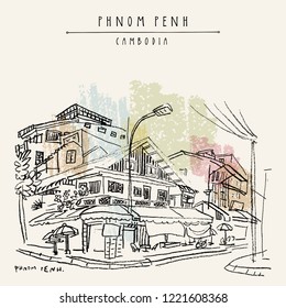 Street in Phnom Penh, Cambodia, Southeast Asia. Travel sketch. Artistic vintage hand drawn travel postcard or poster. Vector illustration