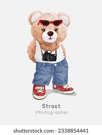 street photographer slogan with cute bear doll in street fashion with camera vector illustration