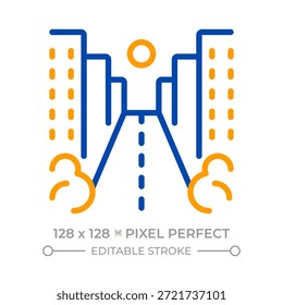 Street Pixel perfekte zwei Farben Linie Symbol. Stadt mit mehrstöckigen Gebäuden und Einfahrt. Straßeninfrastruktur zweifarbiges Umrisssymbol. Lineares Piktogramm mit Duoton. Isolierte Abbildung. Bearbeitbarer Strich