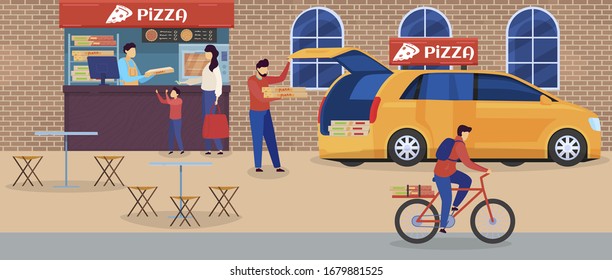 Street pizzeria, characters mother, child buy italian pizza, flat vector illustration. Pizza delivery, male with car, young boy on bicycle. Design web banner, postcard for pizza business.