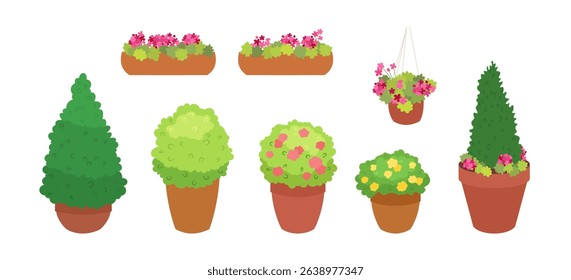 Street plant pots isolated set. Planter for porch, balcony, window. Urban design element. Cute flowerpots flat cartoon graphics. Green bush tree decorative houseplant. Summer city floral decoration.