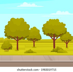 Street with plants and asphalt road. Roadway with sidewalk near summer park. Landscape with nature and driveway. Natural landscape around highway. View of garden, trees and road vector illustration