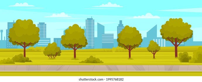 Street with plants and asphalt road. Roadway with sidewalk near summer park. Landscape with nature and driveway. Natural landscape around highway. View of garden, trees and road vector illustration
