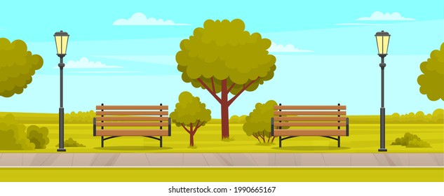 Street with plants and asphalt road. Sidewalk in summer park. Landscape with nature and sidewalk. Natural landscape around road. View of park with wooden benches, lamp posts and deciduous trees