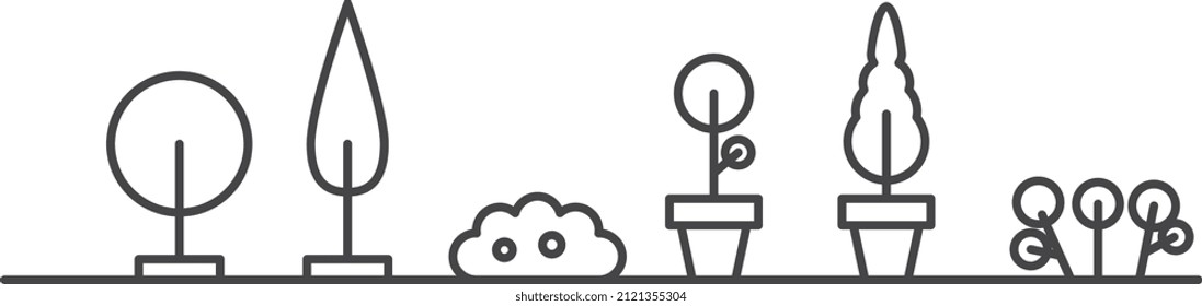 Street plants. City green decoration in black line style